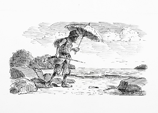 After resting at his country house Crusoe proceeds towards the shore. Near his hidden boat is the single imprint of a naked human foot