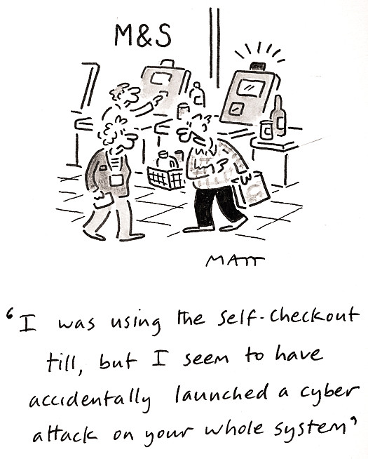 I was using the self-checkout till, but I seem to have accidentally launched a cyber attack on your whole system