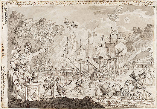 The Naumacia to Commemorate a Peace
Puff: See Gentlemen, there's a River for you &ndash; a new fancy you know and very useful in my case. For as there must be a Grand Gala I suppose Lake Serpentine &amp; the whole English Navy to complement Britannia with a Fete in Honor of the Peace &ndash; vide Critic