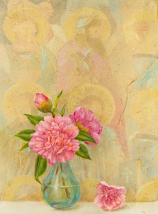 Pink Camellias and Fresco of Saints