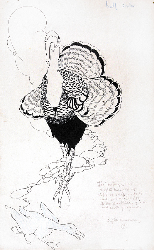 And the turkey-cock, who had come into the world with spurs on, and therefore fancied he was an Emperor, puffed himself up like a ship in full sail, and marched up to the duckling quite red with passion