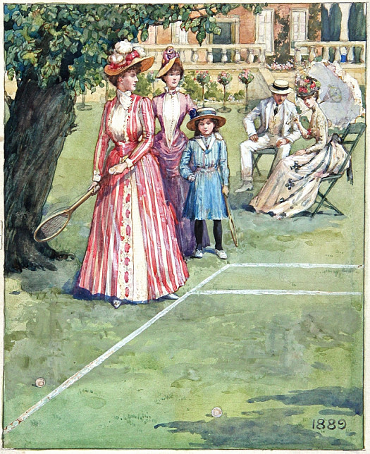 A Tennis Party, 1889This was the time of the so-called 'Dress Improvers,' when the gowns were extended over steels at the back only. the figure in the front wears a dress of red and white striped cotton with a white vest. Another lady has a purple cashmere dress with a pointed vest, the draperies of the skirt drawn up high at the back, while the dress worn by the third figure is of foulard.