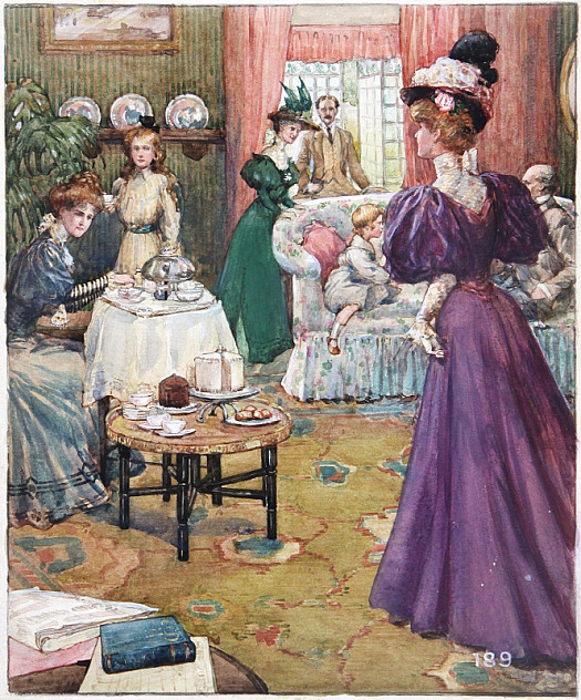 Five O'clock, 1896This Was the Time When Sleeves Assumed Eccentric Dimensions, Being so Stiffened and Set Out At the Shoulders That They Made the Rest of the Figure Look Entirely Out of Proportion. the Visitor At this Tea-Party Wears a Typical Frock of the Period, with Balloon Sleeves and a Chemisette and Long Cuffs of Lace. the Skirts Were Very Wide At the Bottom Which Somewhat Modified the Huge Sleeves.