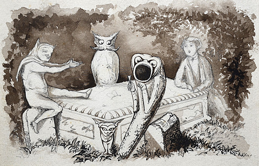 Strange Creatures Around a Casket