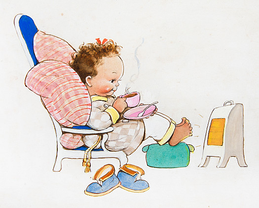 Child Drinking a Cup of Tea Warming Her Toes On an Electric Fire