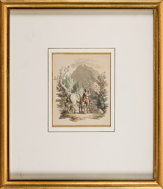 A traveller and his horse drinking at a mountain stream