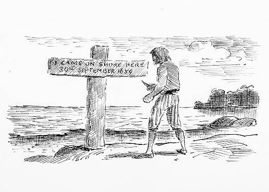 Crusoe makes plans for survival. He erects a wooden cross and carves upon it the date he was cast away