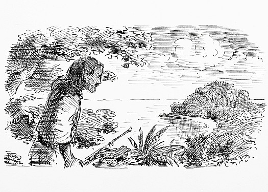 Crusoe surveys his surroundings from a hill-top