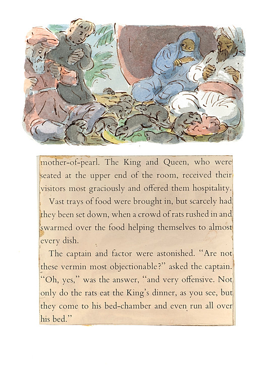 Vast trays of food were brought in, but scarcely had they been set down, when a crowd of rats rushed in and swarmed over the food helping themselves to almost every dish