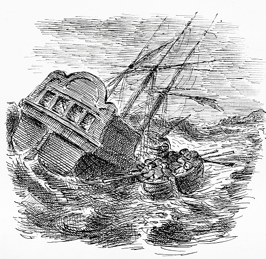 In this distress,the mate of our vessel lays hold of the boat, and with the help of the rest of the men they got her slung over the ship's side
