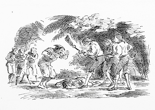 Knocked him down with the stock of his Musket