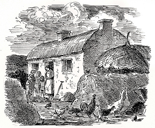 It seemed to be a small farm for chickens were clucking about the yard and there were a few cows in a field ... They had meant to knock on the door but Mrs. O'Brien came out to meet them. She was a dark-haired rather fat woman. She beamed at the children and to their relief spoke without too much of a broque.