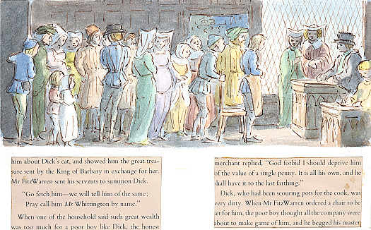 Mr FitzWarren said, 'Indeed, Mr Whittington, we are all in earnest. I have sent for you to congratulate you on the success of your venture. Your cat was sold to the King of Barbary for more than I possess in all the world.'