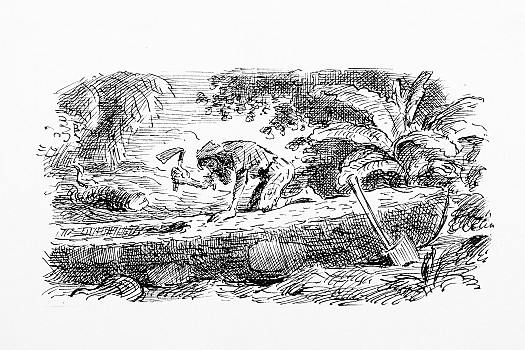 Crusoe decides to make a canoe, 'going to work the most like a foot'