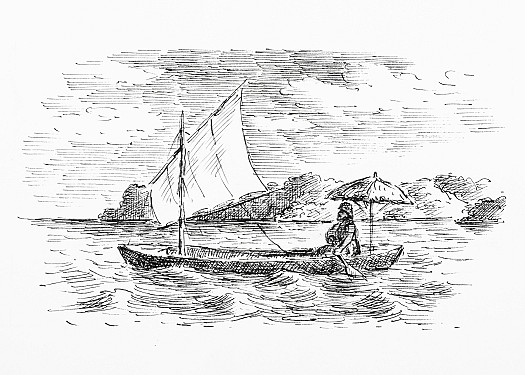 Having fitted my mast and sail, and tried the boat, I found she would sail very well ... I fixed my umbrella also in a step at the stern like a mast, to stand over my head, and keep the heat of the sun off me, like an awning; and thus I now and then took a little voyage upon the sea.
