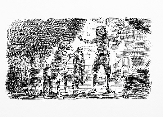 Crusoe makes clothes for Friday, who though wearing them awkwardly at first is greatly pleased