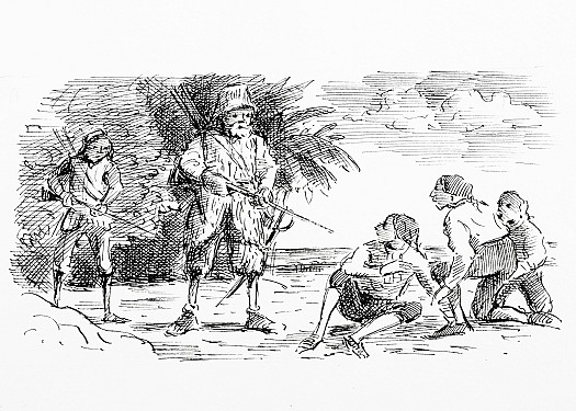 Cautiously investigates with Friday and discovers Captain and Mate with a passenger are to be abandoned by mutineers