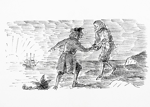 Impressively dressed as Governor, Crusoe offers the five criminal mutineers their freedom on the island, along with the expected Spaniards, in place of certain death in England.