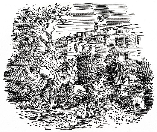 The weather became beautiful. For whole days the sun streamed down and Ireland looked more and more glorious.Without noticing it the children's lives fell into a pattern. After breakfast at least three times a week they gardened ...Most days after gardening the children picnicked on the beach.