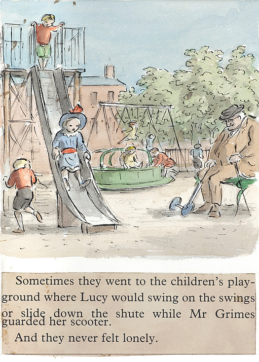 Sometimes they went to the children's playground where Lucy would swing on the swings or slide down the chute while Mr Grimes guarded her scooter
