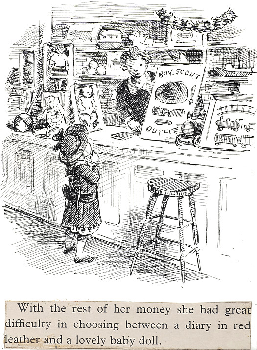 With the rest of her money she had great difficulty in choosing between a diary in red leather and a lovely baby doll