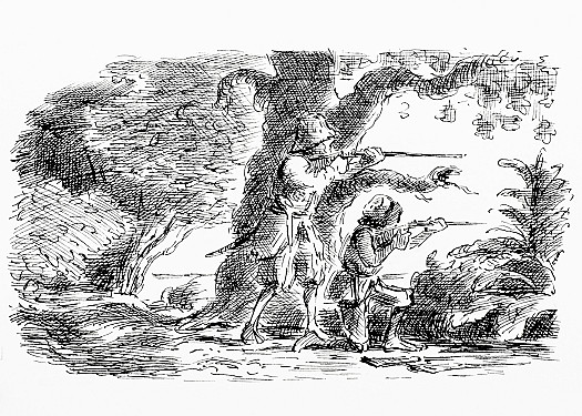 Savages in great numbers land on near beach with captives. Crusoe and Friday shoot twenty-one and rescue a white victim and Friday's father