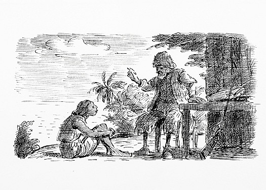 Crusoe instructs Friday in the Christian faith, learning much himself in the process