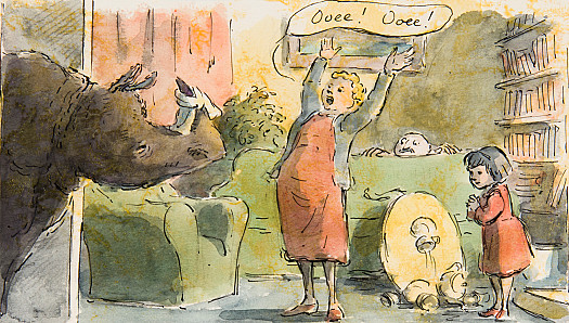 Mrs Effingham-Jones cried, 'Ooee! Ooee! It's eaten the baby, and fell on the floor in a deadly faint (I)