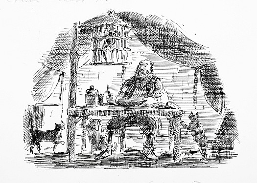 Then to see how like a king I dined, too, all alone, attended by my servants. Poll, as if he had been my favourite, was the only person permitted to talk to me. My dog, who was now grown very old and crazy, and had found no species to multiply his kind upon, sat always at my right hand, and two cats, one on one side the table, and one on the other, expecting now and then a bit from my hand, as a mark of special favour.