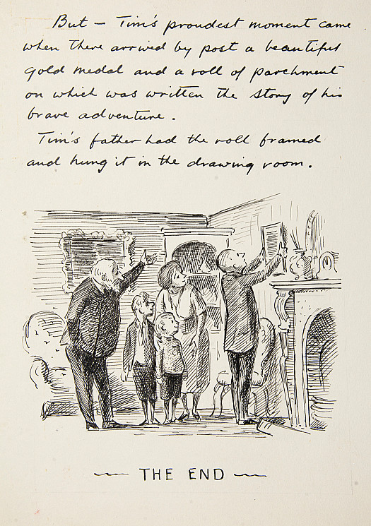 Tim's proudest moment came when there arrived by post a beautiful gold medal and a roll of parchment on which was written the story of his brave adventure