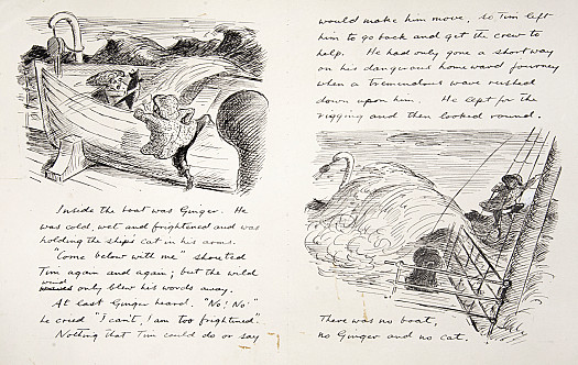 Inside the boat was Ginger. He was cold, wet and frightened and was holding the ship's cat in his arms