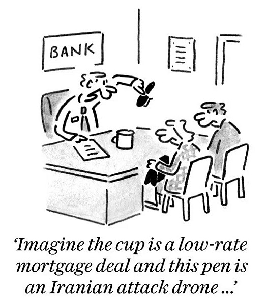 Imagine the cup is a low-rate mortgage deal and this pen is an Iranian attack drone