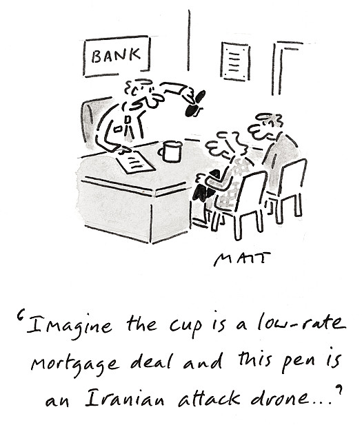 Imagine the cup is a low-rate mortgage deal and this pen is an Iranian attack drone