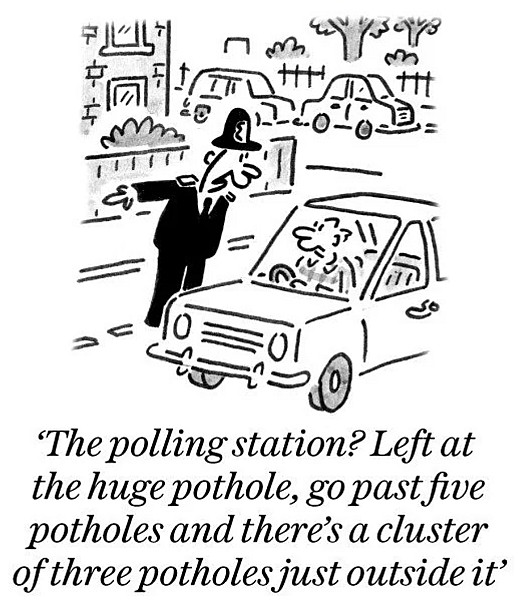 The polling station? Left at the huge pothole, go past five potholes and there's a cluster of three potholes just outside it