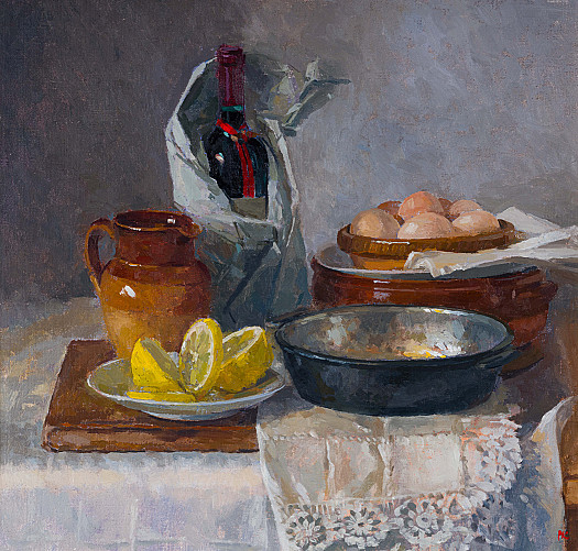 Still life with lemons, wine and eggs