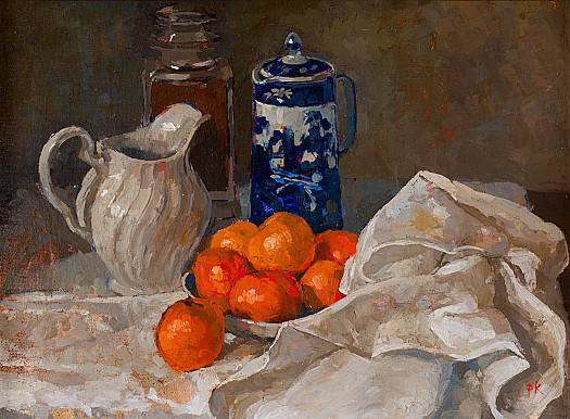 Clementines and Blue and White Pot