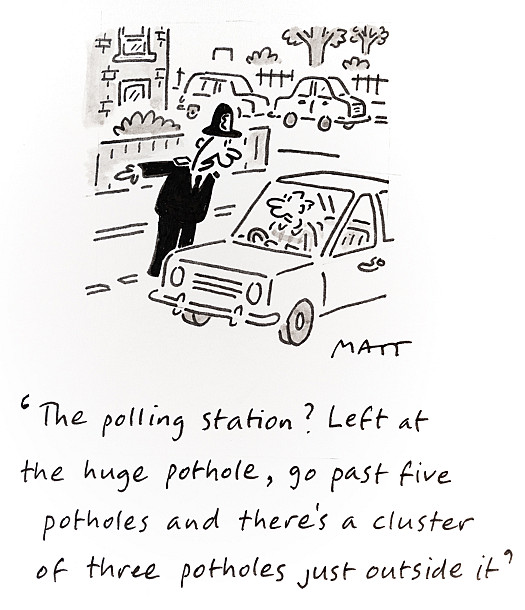 The polling station? Left at the huge pothole, go past five potholes and there's a cluster of three potholes just outside it
