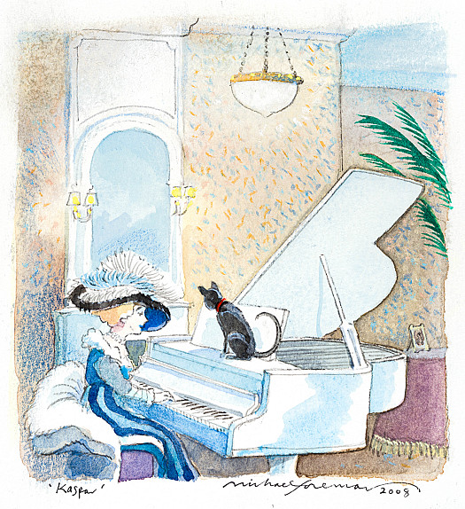 Kaspar leaped up on the piano to listen