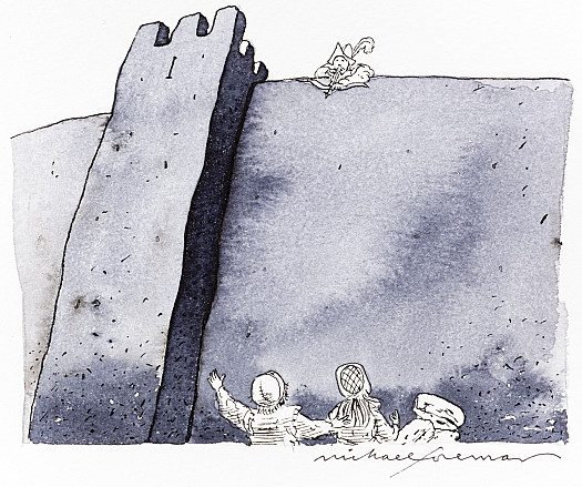 It was at that moment that they noticed a face looking down at them from over the top of the wall