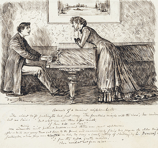 Annals of a Musical Neighbourhood: 'The eldest Miss Gushington gave us "the Fountains Mingle with the River"; her rendering of the last two lines: "but what are all these kisses worth, if thou kiss not me?" Was thrilling In it's pathos and passion; and there was great applause. After which our young tenor sat down to the piano and unconsciously fixing his gaze on the elder Miss Gushington, Whose gaze was riveted on him, he sang a lovely setting of Shelley (by L.Benson), beginning: 'I fear thy kisses, gentle maiden, thou needst not fear mine..."