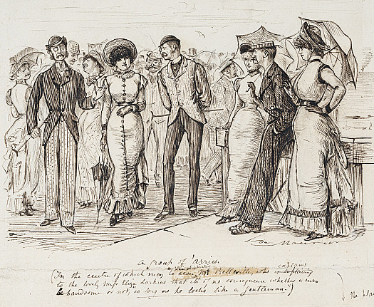 A Group of 'arries:  In the centre of which may be seen the plain but captivating Mr Belleville, who explains to the lovely Miss Eliza Larkins that it's of no consequence whether a man be handsome or not, 'as long as he looks like a Gentleman.'