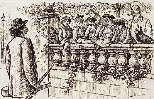 Happy Thought! Mrs Triplets: 'And how is your concert getting on, Herr Pfeiffer?'Eminent Violinist:  'Pudiful, as far as de brogramme Is goncerned &ndash; Beethoven &ndash; Schumann &ndash; Brahms!  But ze dickets don't zell!  Ach!  Py ze vay, Mrs Triplets, you don't happen to haf zoch a zing as a moozicalish infantile venomenon apout you zat you could lend me For ze occasion &ndash; ja?  Gonzertina!  &ndash; Pantscho! &ndash; Pones! &ndash; Gomb! &ndash; anyzing vill blease ze Pritish boplic, if ze berformer Is onter vife years olt!'