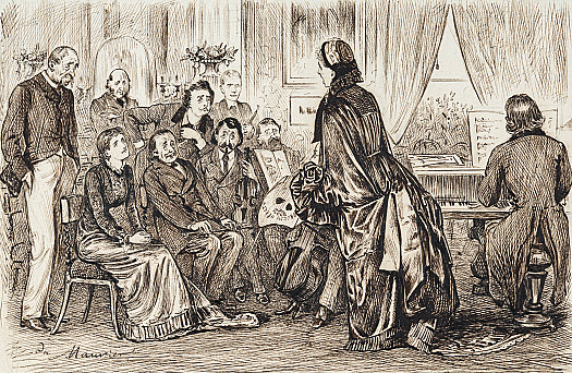 Distinguished Amateurs &ndash; the Musical DuchessBehold Her Grace rehearsing for an afternoon concert at Mrs Ponsonby De Tomkyns's, before an appreciative audience, which consists of the Host and Hostess, and a few professionals who have been retained to play Her Grace's Obligato Accompaniments. Her Grace always sings her own words, set to her own music. Her compositions are endless; and when once she begins, she doesn't like to leave off in a hurry. The worst of it is, Her Grace's music invariably driven all the other duchesses away &ndash; only Mrs P De T is not yet aware of this.