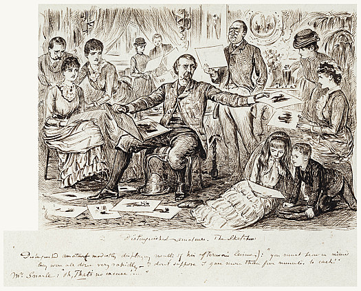 Distinguished AmateursThe Sketchers: Distinguished amateur modestly displaying results of his afternoon's leisures: "You must bear in mind that they were all done very rapidly &ndash; I don't suppose I gave more than five minutes to each!"Mr Snarle: "Oh, that's no excuse..."