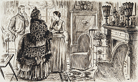 Social AgoniesYoung Husband. 'Yes, Aunty, I flatter myself the room looks pretty well &ndash; but, my dear Ellen, where, in the name of Fortune, did you get those atrocious. vases? &ndash; they're a perfect eyesore!'Young Wife: 'My dear Fred! What are you saying! Why, dear Aunty gave them to us! They're perfectly lovely!'[Dear Ellen has just exhumed them from a cupboard, where they are always kept when Dear Aunty Is not expected].