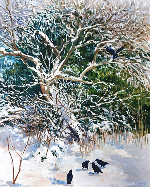 Artist's Garden. Rooks and a Green Gage Tree