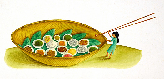 Right away, a huge bamboo dish appeared, filled with all manner of tasty food
