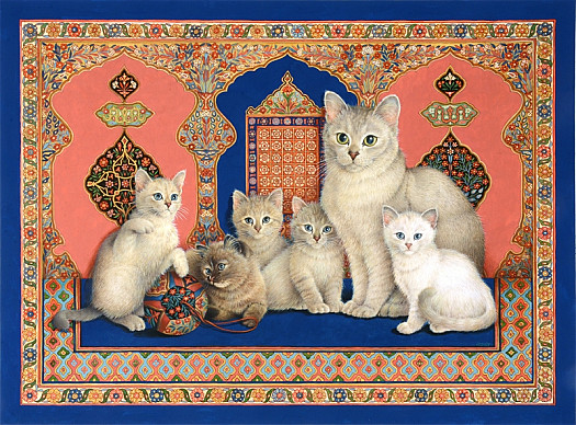 Catkin and Her Kittens with Arabic Textile Wall Covering