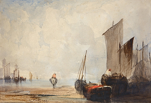 A Coastal Scene with Beached Fishing Boats and a Barge